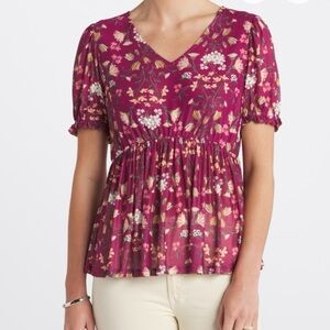 Madison & Berkeley Floral V-Neck Blouse in Burgundy